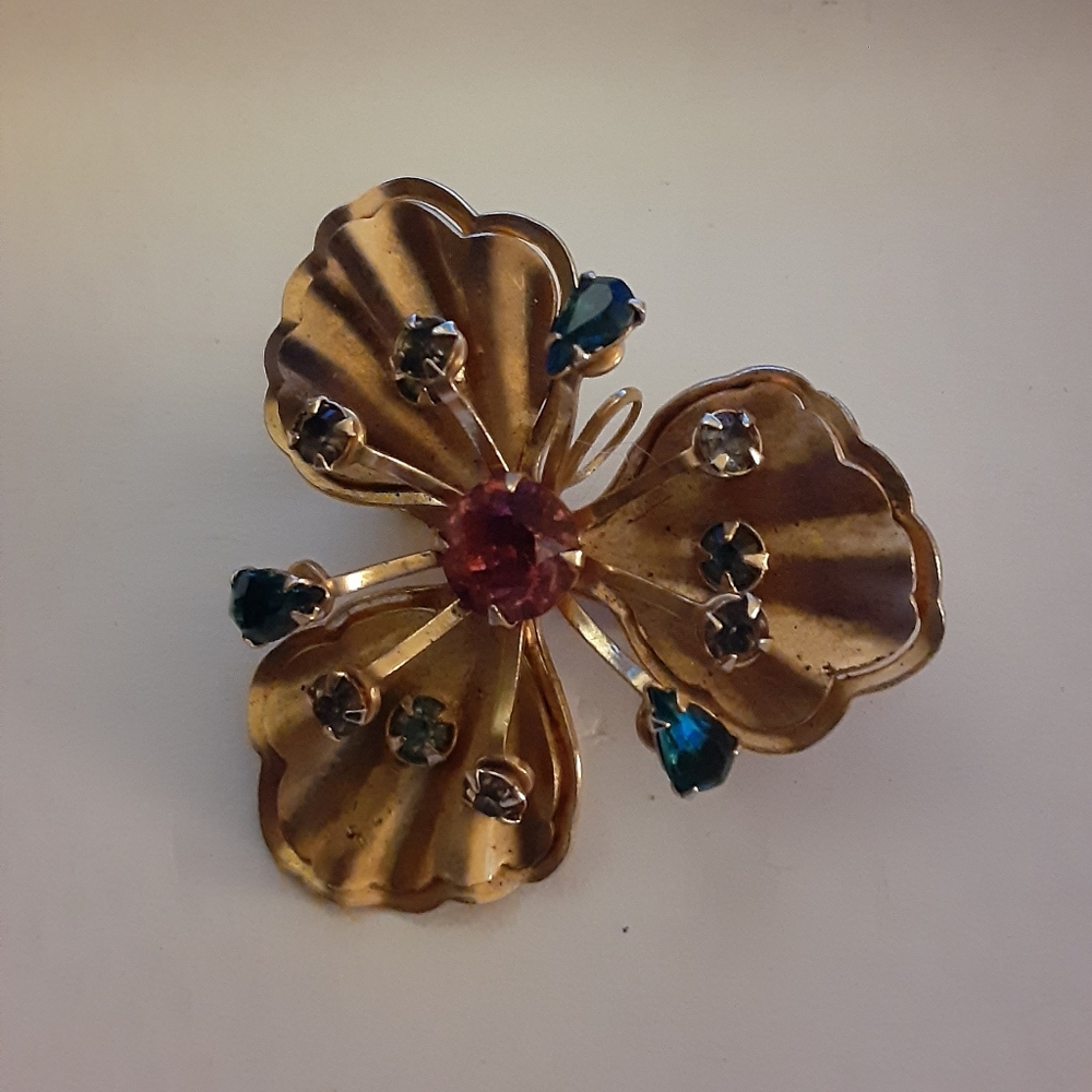 Blue Purple Green Rhinestone Gold Tone Flower Pin / Pendent